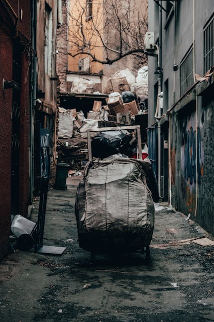 A narrow urban alleyway cluttered with accumulated waste and debris, featuring a large black and grey rubbish bag in the foreground. Behind it, there are stacked cardboard boxes, plastic bags, and other discarded materials piled against a makeshift boundary at the end of the alley. The ground appears gritty and stained, with small scattered rubbish and damp patches. On the left side, a blue metal door and a wall with graffiti are partially visible, while on the right side, a building with grey metal panels and a window with security bars is seen. A leafless tree is visible in the background, with bare branches extending over the cluttered area. The scene is lit with natural muted daylight, giving an overall impression of an unkempt back alley needing waste clearance. The image captures a situation typical of independent rubbish removal or private waste collection in an urban environment, naturally aligning with the services offered by Rubbish Clearance Islington for rubbish disposal needs.