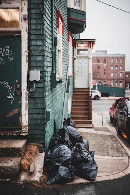 A vertical view of the side of a building with a green wooden exterior featuring horizontal shiplap siding, red and white window trims, and a small set of wooden stairs leading up to a white door with a window. At the base of the wall, multiple black garbage bags are piled on the concrete sidewalk, with some partially resting on dried brown leaves. A grey utility box is attached to the wall, and a white cable runs down from it. In the background, there are parked cars on a street, a brick building, overhead wires, and an overcast sky, indicating a typical urban environment. The scene illustrates an example of private waste disposal, possibly handled by an independent rubbish removal service, emphasizing the importance of rubbish clearance for property upkeep in such settings. Rubbish Clearance Islington provides rubbish collection services in this context, supporting local residents with alternative waste handling solutions.