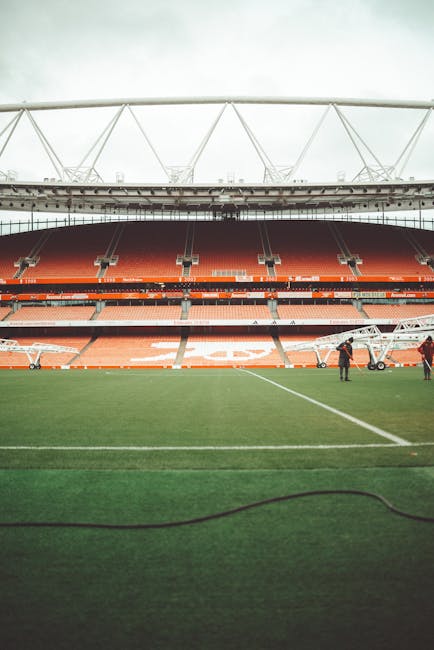 The image depicts the interior of a large football stadium with multiple tiers of seating arranged in a semi-circular formation around a well-maintained grass pitch. The seats are predominantly red, with some sections in blue, and the lower tier features a pattern spelling out the name of the club. Above the seating area, there is a white structural canopy supported by a network of steel trusses, offering partial cover to spectators. The background includes a clear, pale blue sky visible through gaps in the roof structure. The stadium appears empty, with no players, staff, or spectators present, and the overall atmosphere is bright and calm, with natural daylight illuminating the scene uniformly. The image is neutral and professional, with no visible clutter or objects unrelated to the stadium structure, aligning with themes of large-scale public venues or event spaces that may require cleaning or maintenance services such as those provided by Rubbish Clearance Islington.